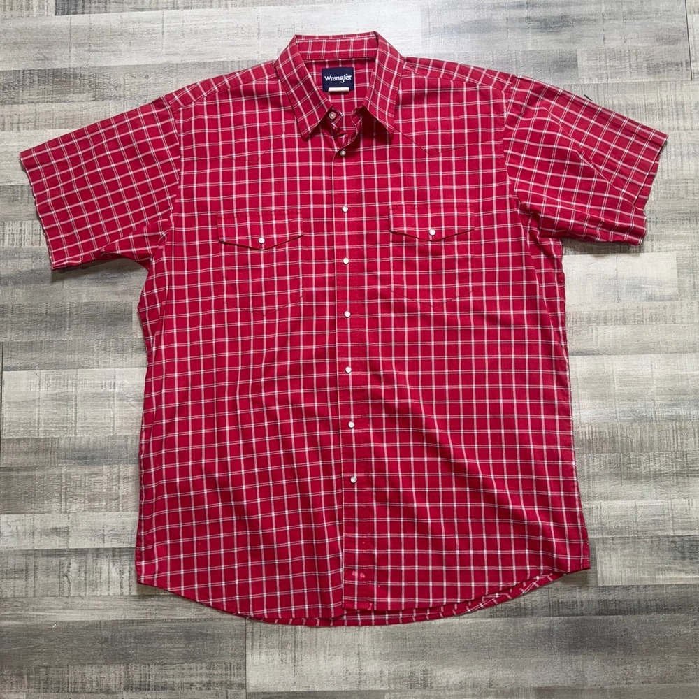 Vintage Wrangler Western Shirt Mens 2XL Red Plaid Pearl Snap Short Sleeve